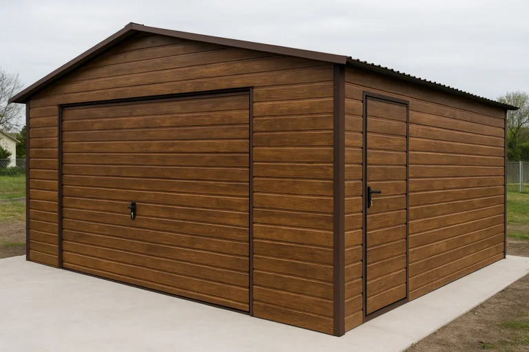 Garaż blaszany drewnopodobny – estetyka drewna, wytrzymałość stali